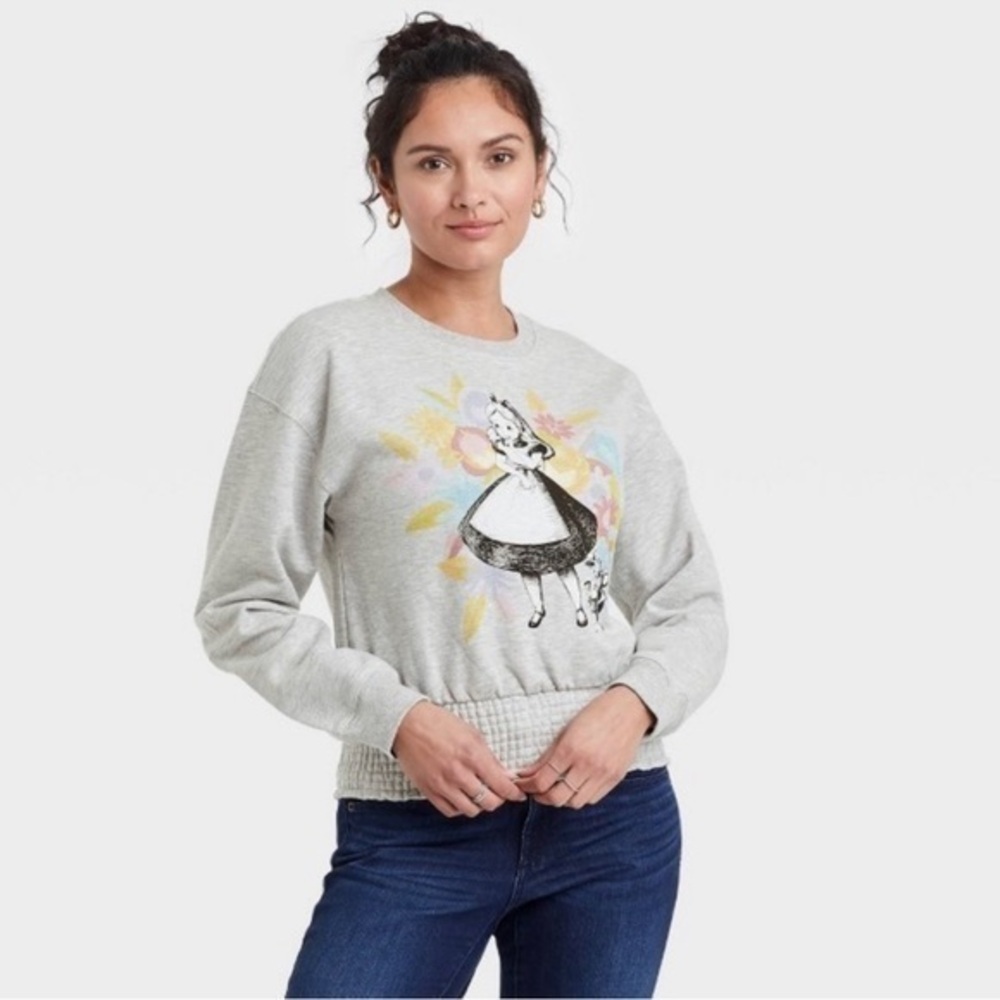 NWT Alice In Wonderland Heather Gray Smocked Hem Sweatshirt Top Sweater New